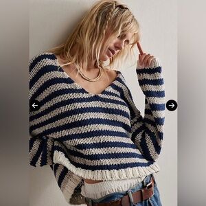FREE PEOPLE Portland Pullover Navy Blue Stripes Sweater Knit Large